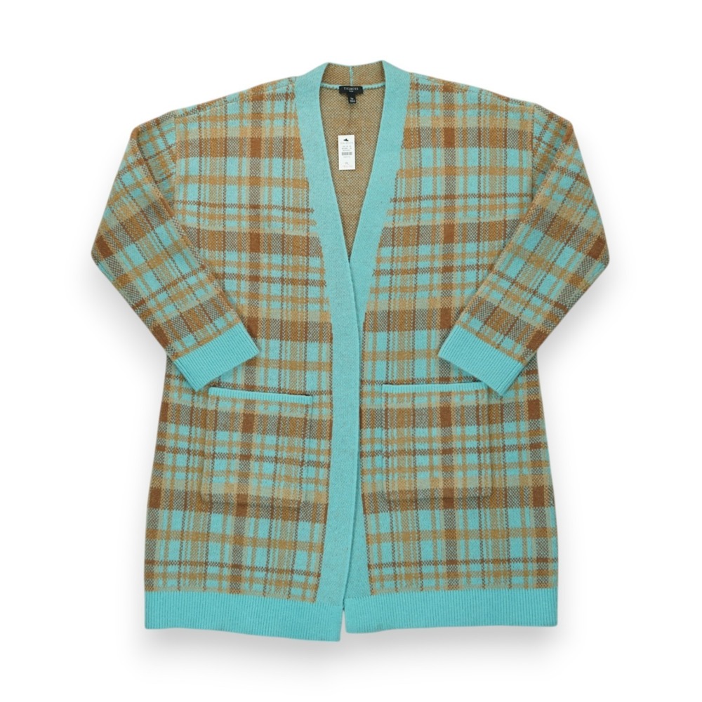 NWT Talbots BIRD'S EYE PLAID OPEN‎ FRONT CARDIGAN Size Large Petite Tartan